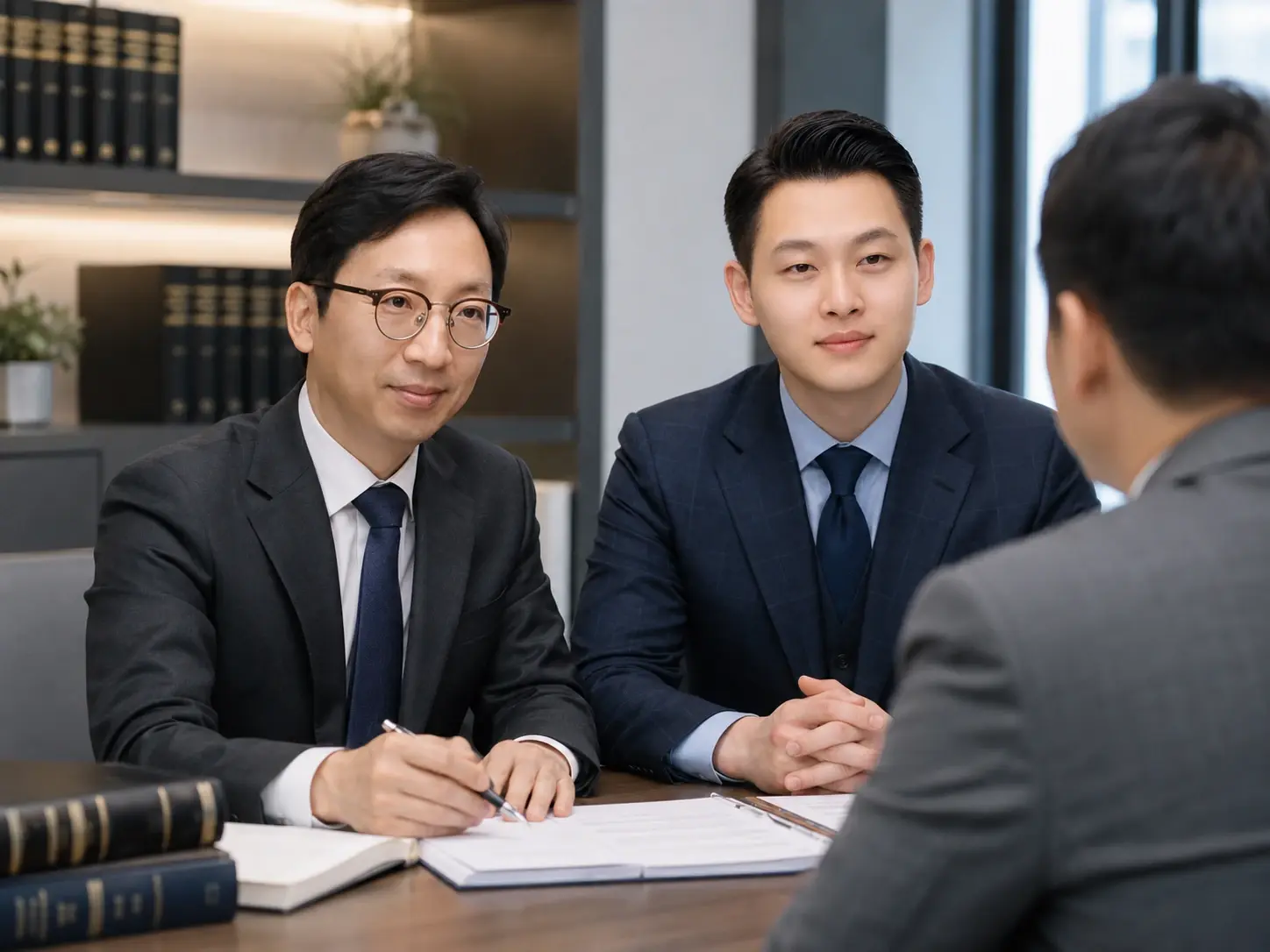 강영상 변호사와 박욱진 변호사가 상속 상담 자료를 검토하는 모습