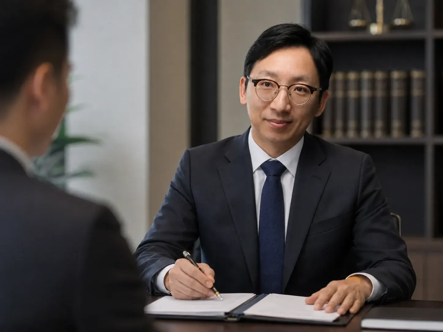 강영상 대표변호사가 의뢰인의 상속 상담 내용을 확인하는 모습